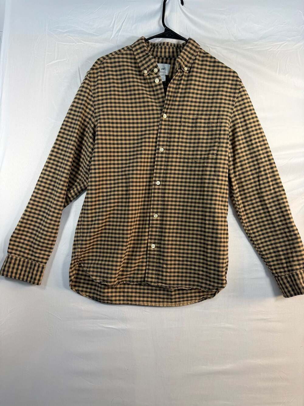 H&M Button Up Shirt Size M Brown Black Gingham Plaid Regular Fit